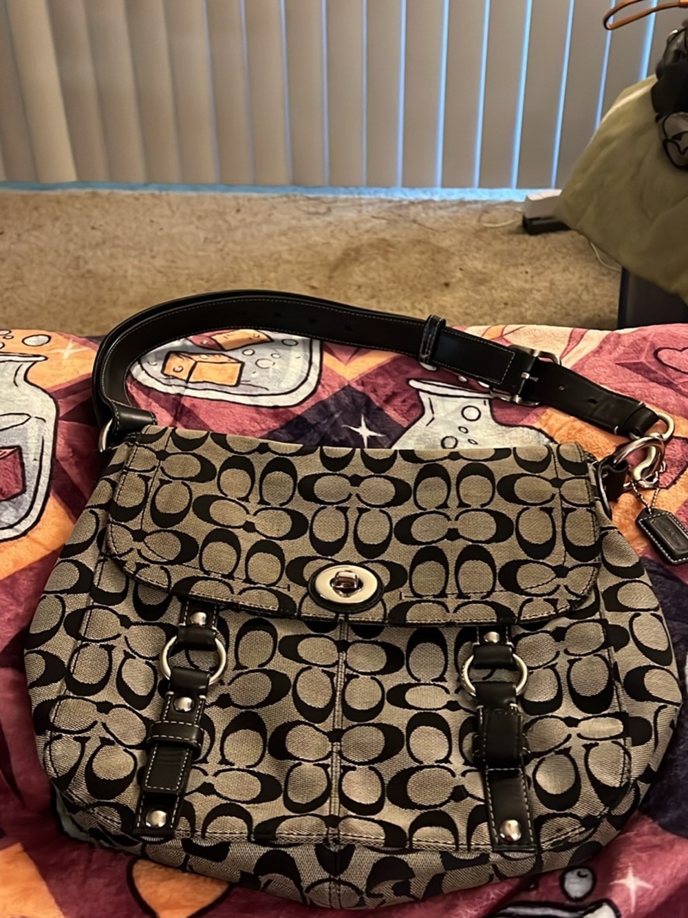 Coach Black and Gray Signature Canvas Shoulder Bag